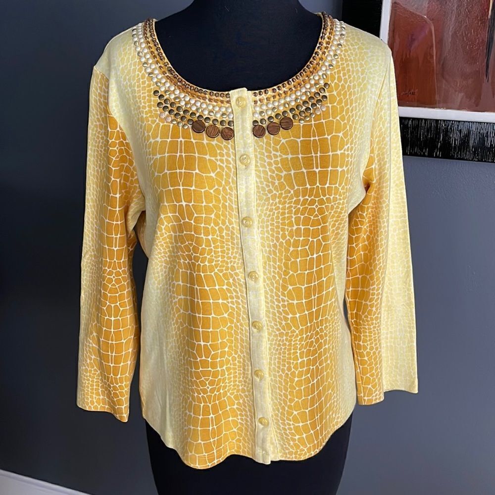 Rafaella gold/yellow giraffe print cardigan. Beaded/studded front neckline. Med